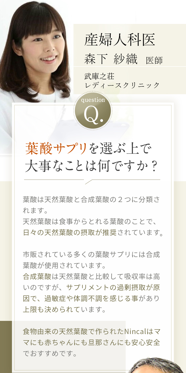 産婦人科医 森下 紗織 question 葉酸サプリを選ぶ上で大事なことは何ですか？ 葉酸は天然葉酸と合成葉酸の２つに分類されます。天然葉酸は食事からとれる葉酸のことで、日々の天然葉酸の摂取が推奨されています。市販されている多くの葉酸サプリには合成葉酸が使用されています。合成葉酸は天然葉酸と比較して吸収率は高いのですが、サプリメントの過剰摂取が原因で、過敏症や体調不調を感じる事があり、上限も決められています。食物由来の天然葉酸で作られたNincalはママにも赤ちゃんにも旦那さんにも安心安全でおすすめです。